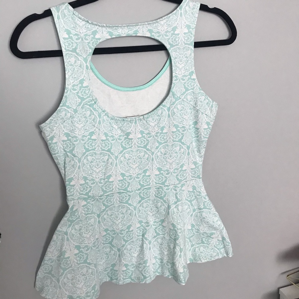 Aqua damask print peplum top with keyhole back